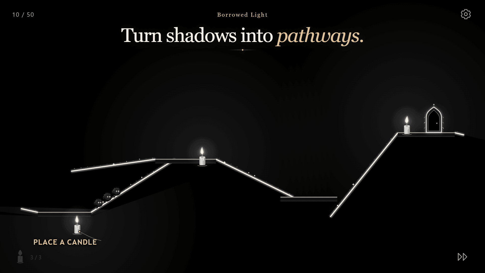 Candle-cast shadow bridges connect ledges for the little companions.