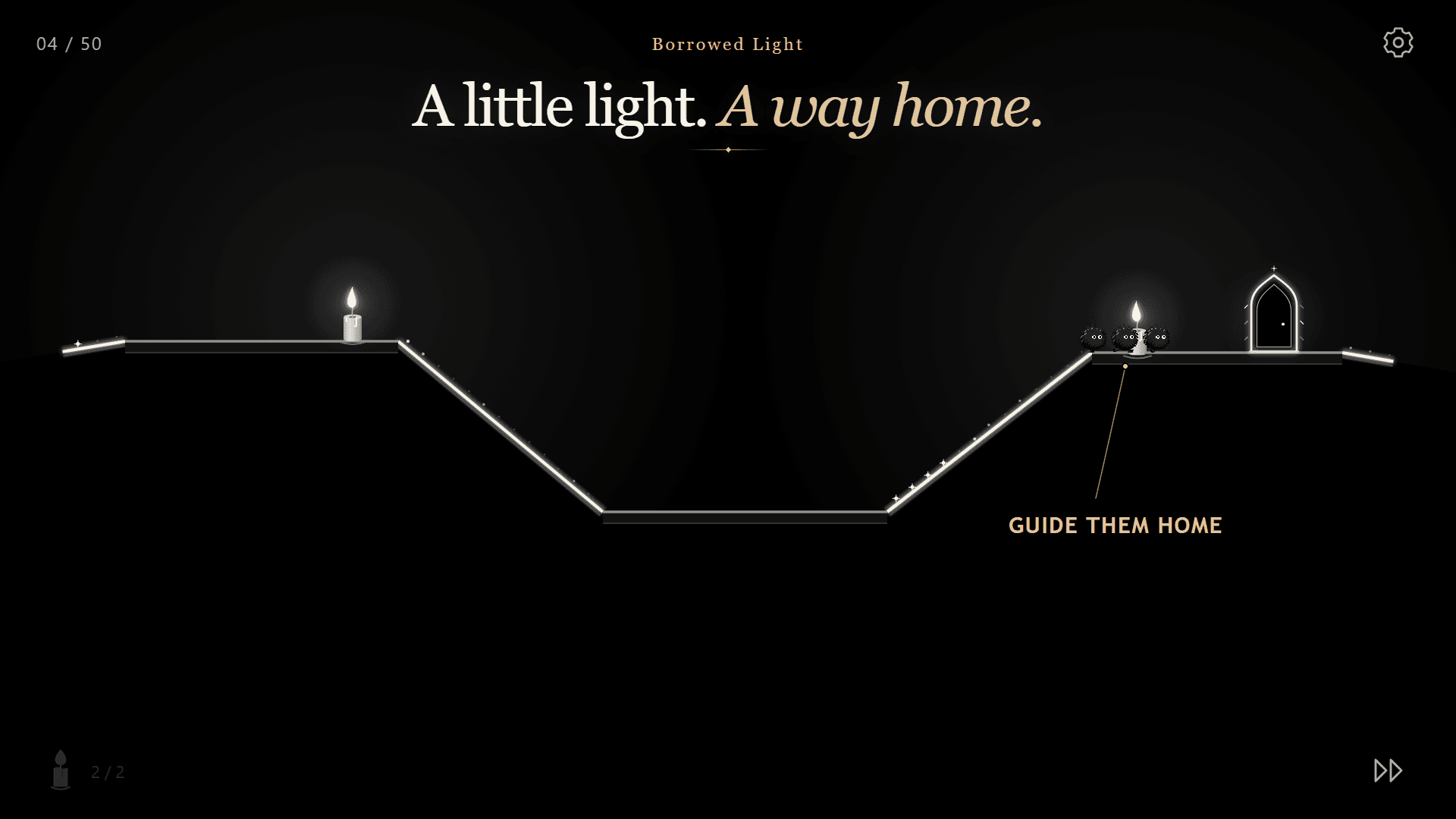 The companions approach a glowing doorway after crossing shadow bridges.